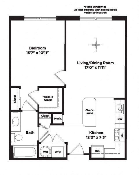 Floor plan for 1 bed, 1 bath, 681 sqft